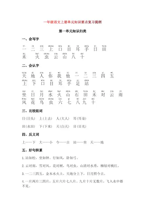 小学一年级语文上册单元知识点复习提纲