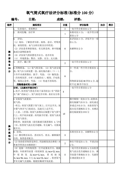 氧气筒式氧疗法评分标准(标准分100分)