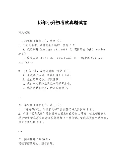 历年小升初考试真题试卷