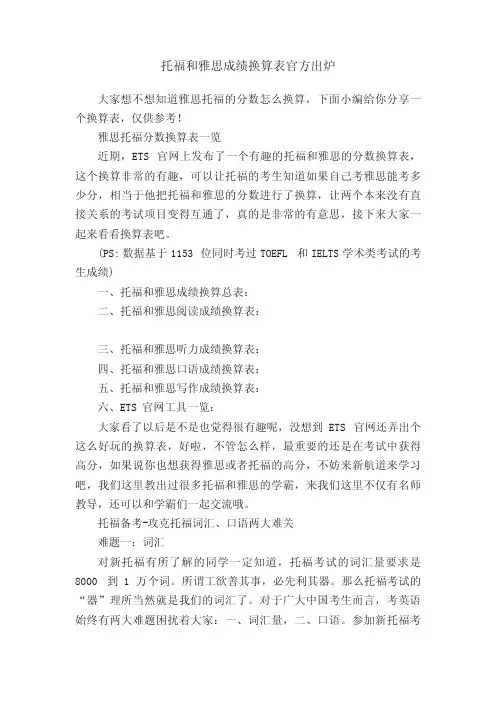 托福和雅思成绩换算表官方出炉