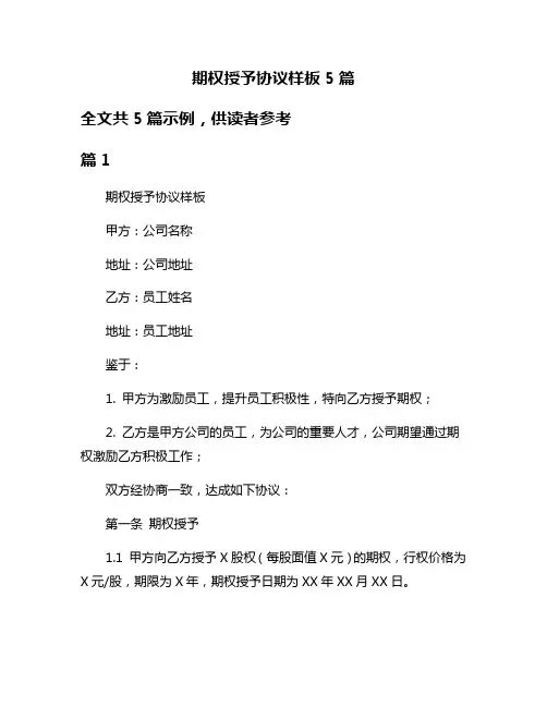 期权授予协议样板5篇