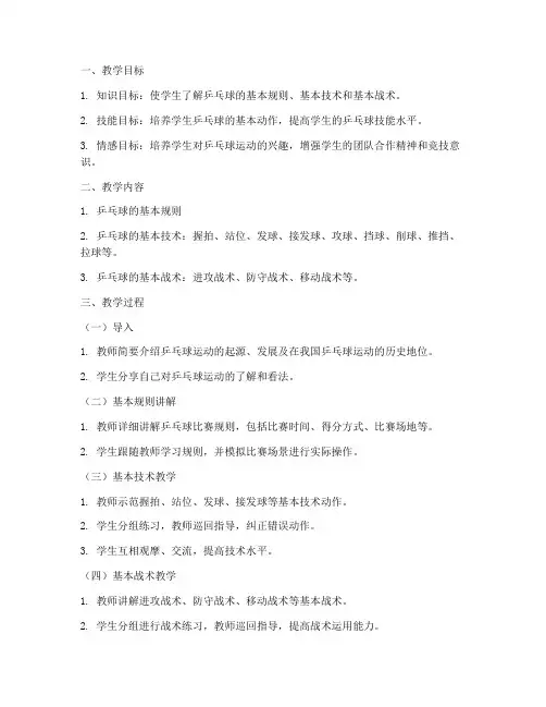 大学生体育课程乒乓球教案设计