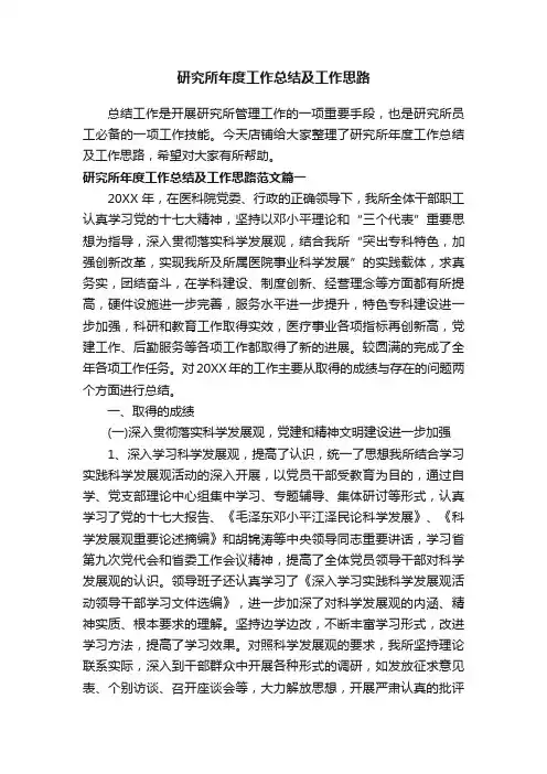 研究所年度工作总结及工作思路