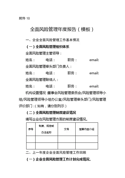 公司全面风险管理年度报告模板