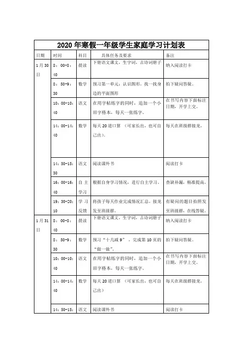 2020年寒假一年级学生家庭学习计划表