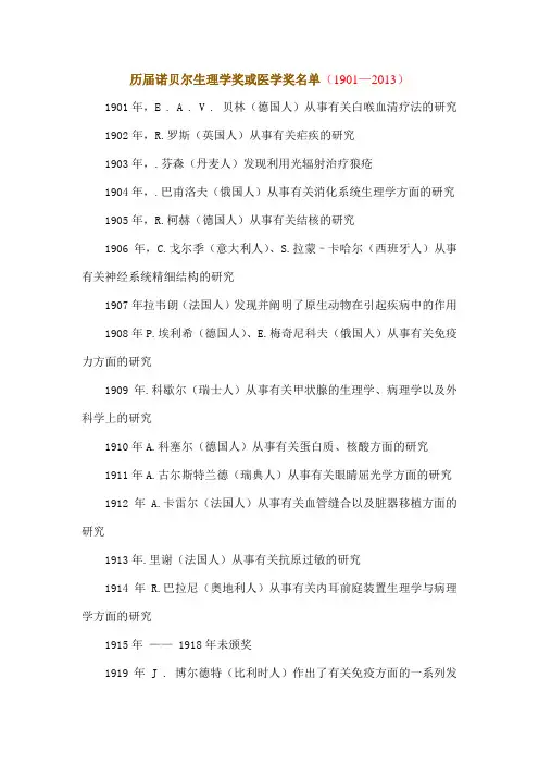历届诺贝尔生理学奖或医学奖名单