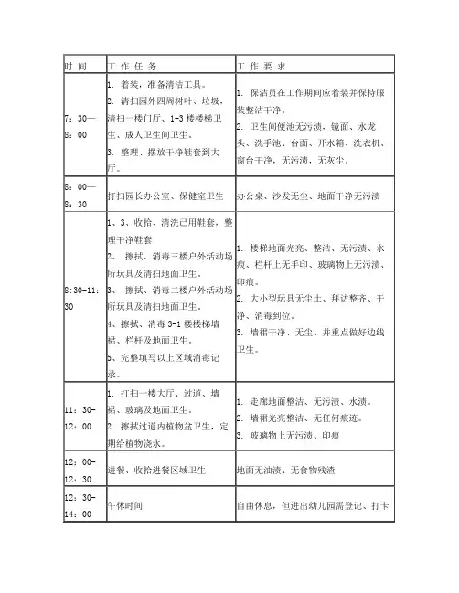 幼儿园保洁员一日工作流程及要求