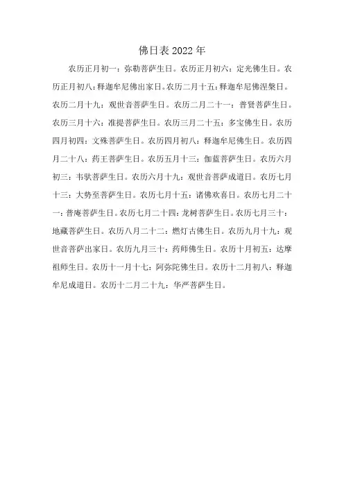 佛日表2022年