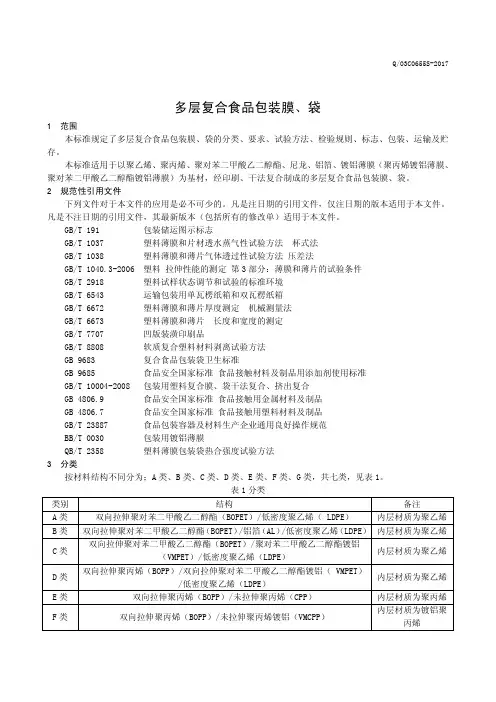 多层复合食品包装膜、袋(食品安全企业标准)