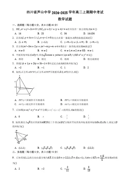 四川省雅安市芦山中学2024-2025学年高二上学期期中考试数学试题(含答案)