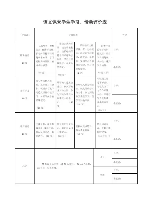 语文课堂学生学习、活动评价表)