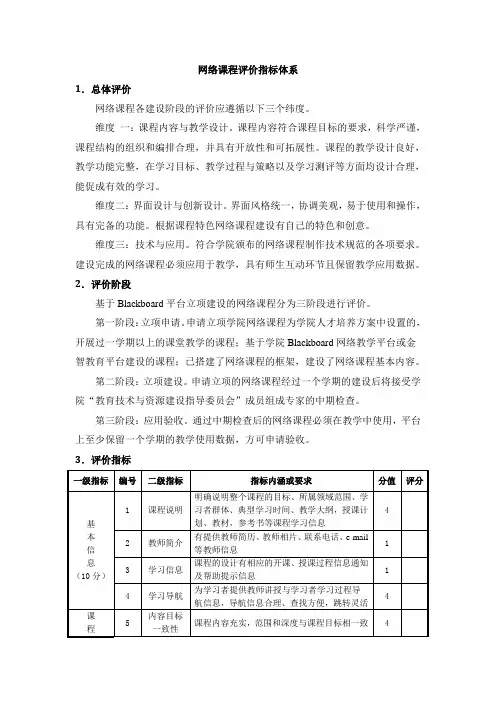 网络课程评价指标体系