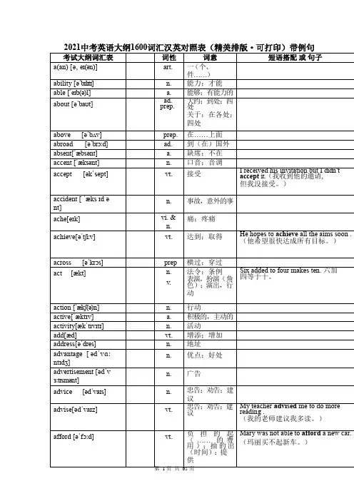 2021中考英语1600词汇对照表-(带音标·可直接打印)带例句