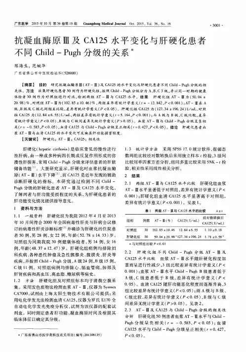 抗凝血酶原Ⅲ及CA125水平变化与肝硬化患者不同Child-Pugh分级的关系