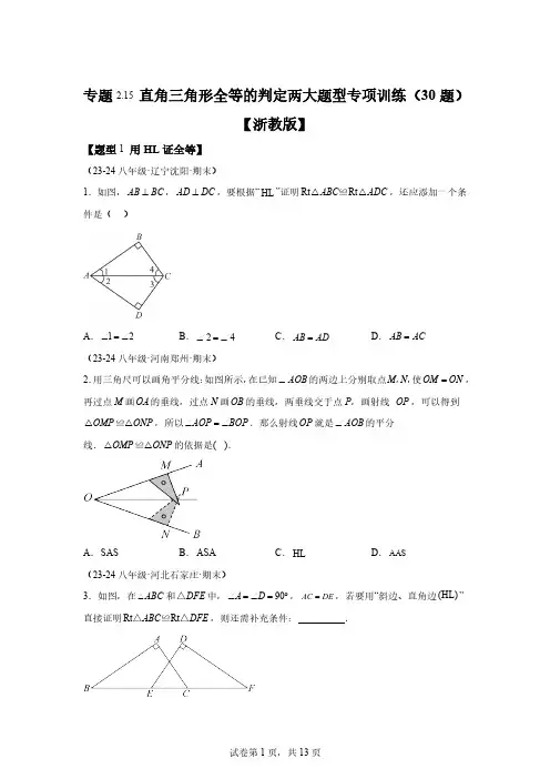 专题2.15直角三角形全等的判定两大题型专项训练(30题)-2024-2025学年八年[含答案]