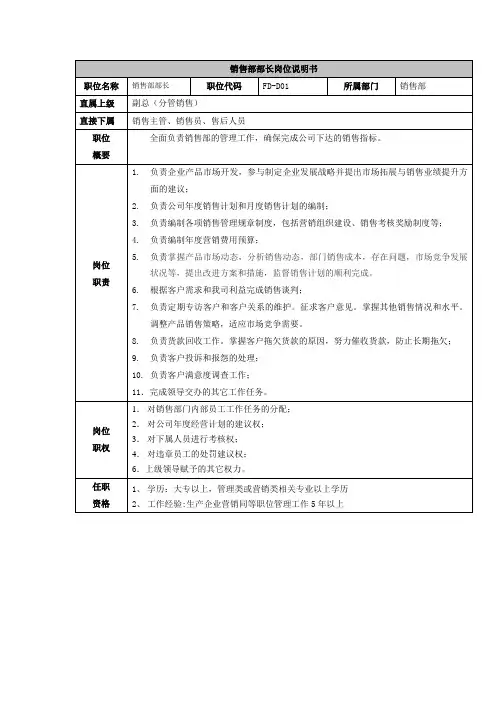销售部部长岗位说明书