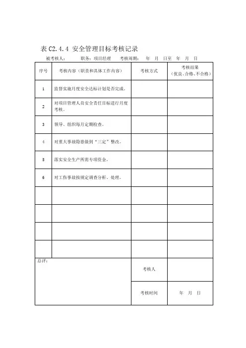 安全管理目标考核记录