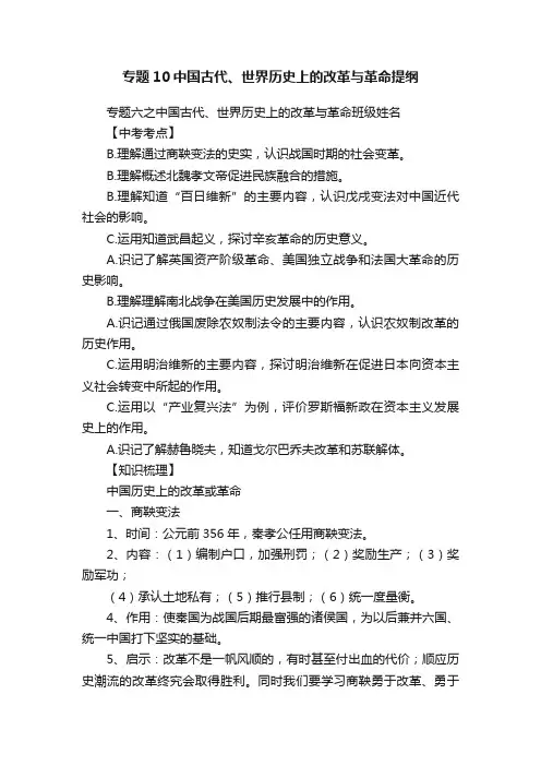 专题10中国古代、世界历史上的改革与革命提纲