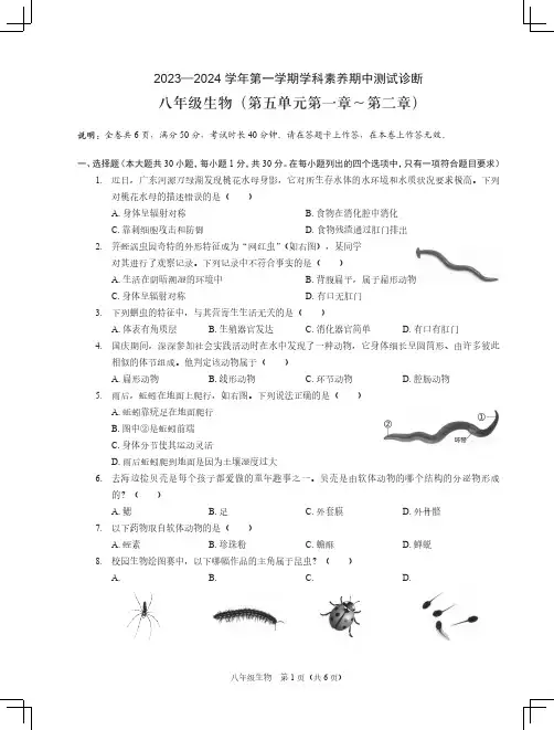 2023-2024深圳龙岗区期中测八年级上册-生物