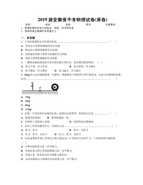 最新2019届安徽省中考物理试卷(原卷)及解析