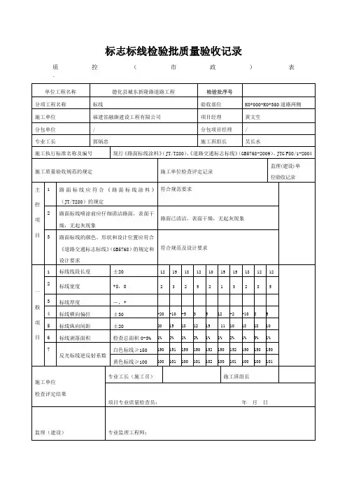 道路标志标线检验批质量验收记录