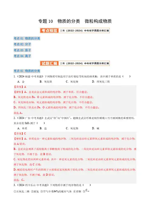 专题10物质的分类 微粒构成物质(解析版)三年(2022-2024)中考化学真题分类汇编(全国通用)