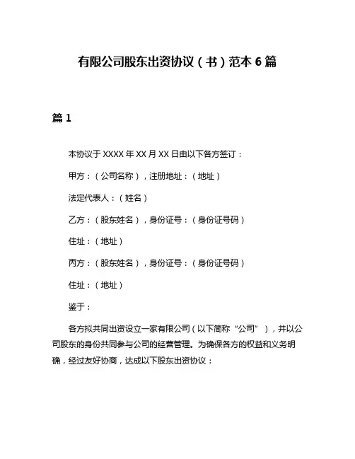 有限公司股东出资协议(书)范本6篇