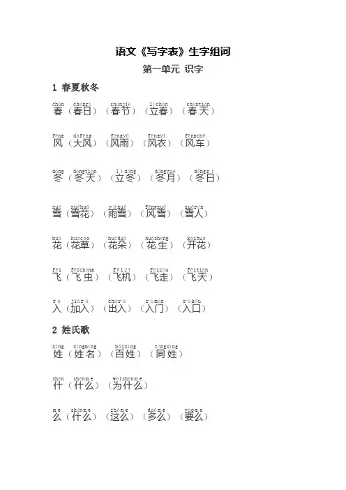 部编版一年级下册语文《写字表》生字组词带拼音