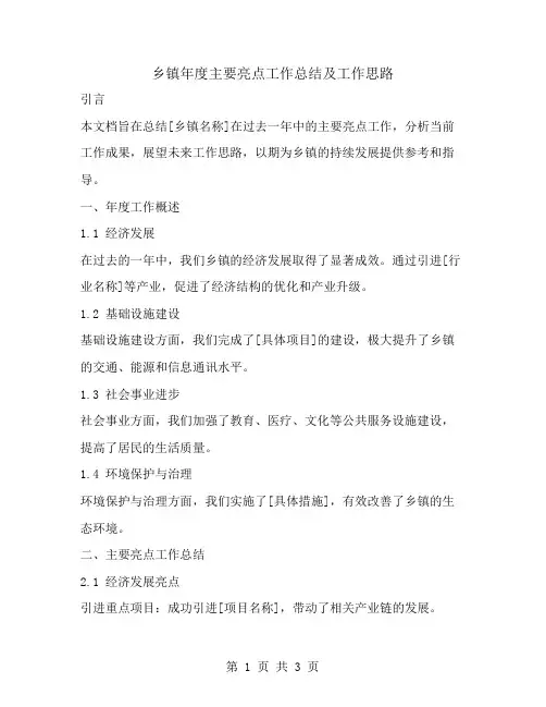 乡镇年度主要亮点工作总结及工作思路