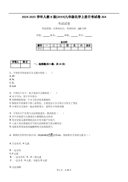 2024-2025学年人教B版(2019)九年级化学上册月考试卷264