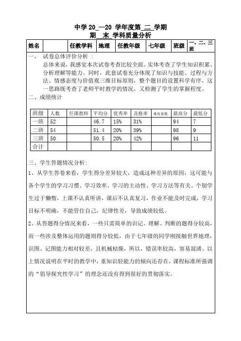 七年级下册地理期末试卷分析