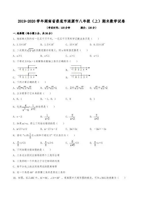 2019-2020学年湖南省娄底市涟源市八年级(上)期末数学试卷