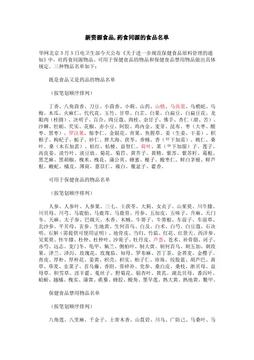 新资源食品,药食同源的食品名单