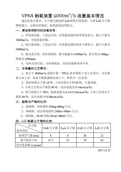 VPSA制氧装置6000立方每小时流量基本情况