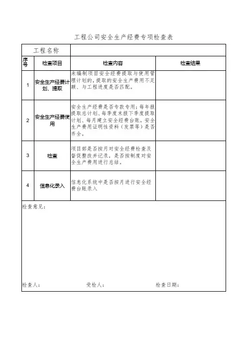 工程公司安全生产经费专项检查表
