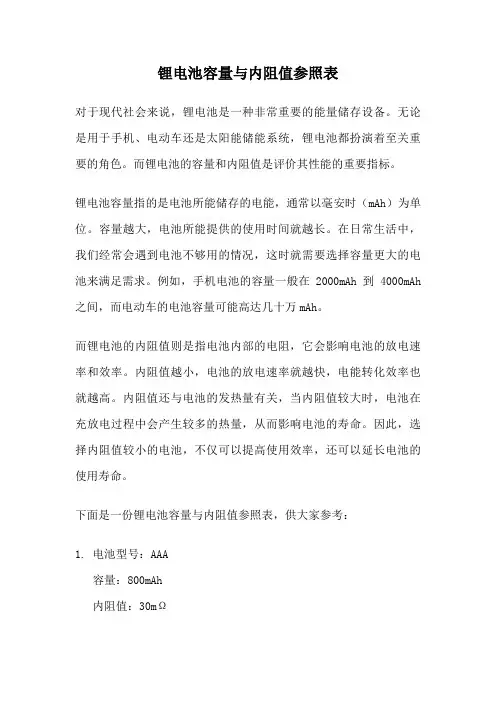 锂电池容量与内阻值参照表