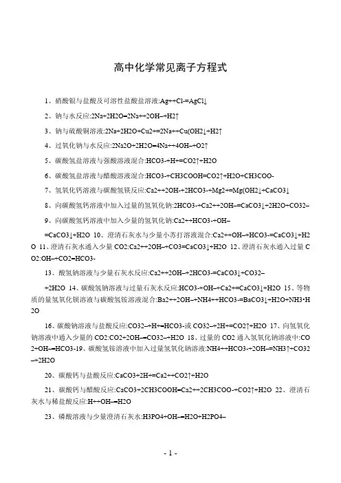 高中化学常见离子方程式