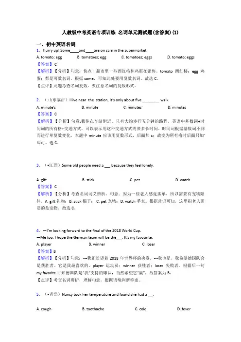 人教版中考英语专项训练 名词单元测试题(含答案)(1)
