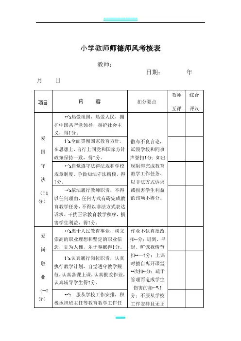 小学教师师德师风考核表
