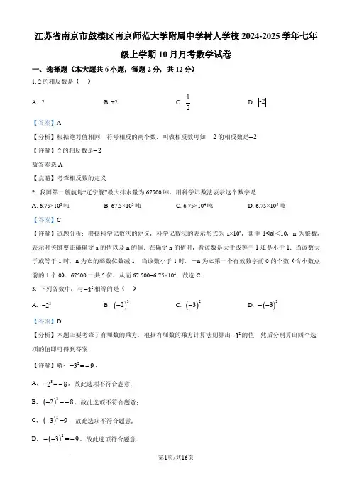 江苏省南京市鼓楼区南京师范大学附属中学树人学校24-25学年七年级上学期10月月考数学试卷(解析版)