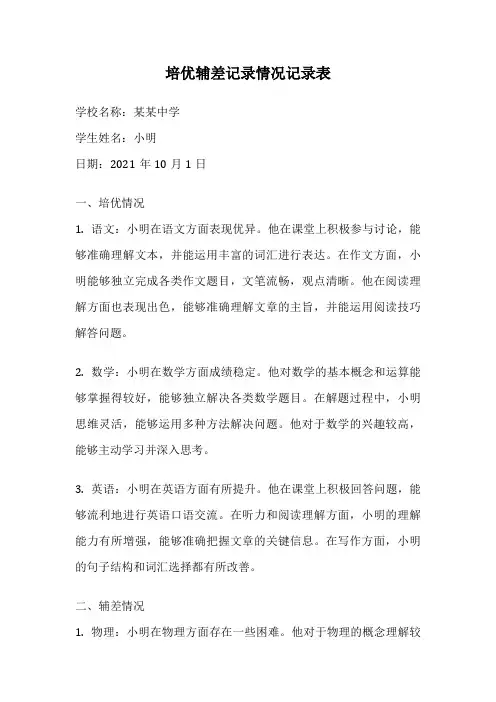 培优辅差记录情况记录表
