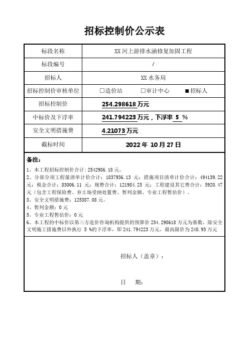 招标控制价公示表