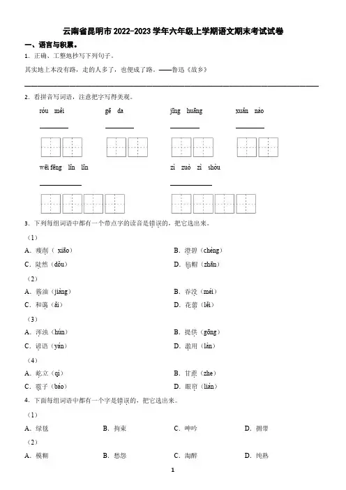 云南省昆明市2022-2023学年六年级上学期语文期末考试试卷(含答案)4