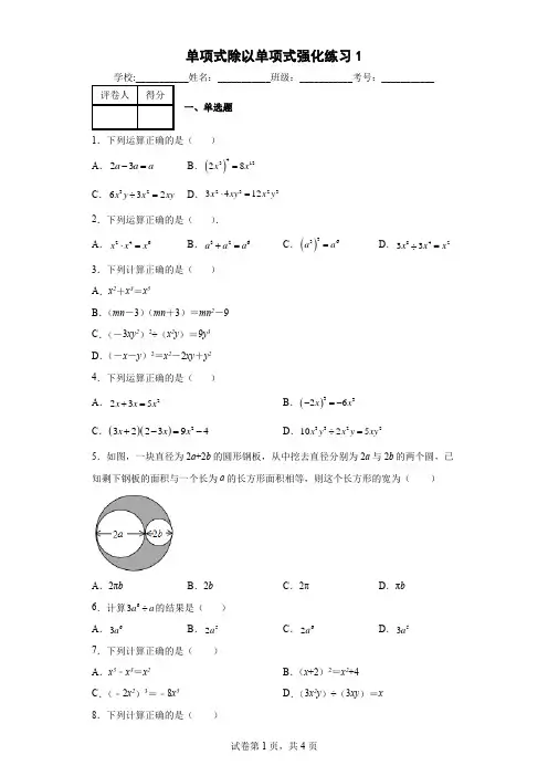单项式除以单项式强化练习1