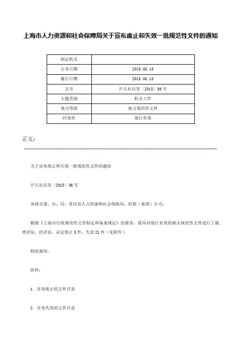 上海市人力资源和社会保障局关于宣布废止和失效一批规范性文件的通知-沪人社法发〔2015〕36号