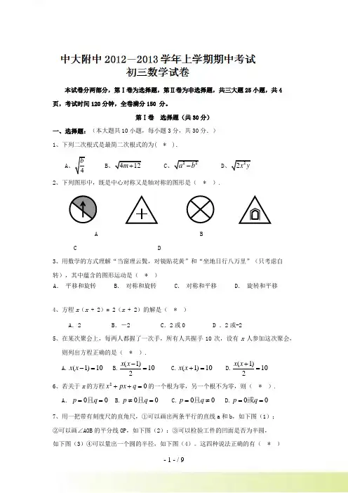 广东省中大附中九年级上学期期中考试数学试题