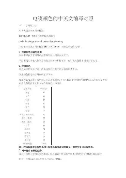 电缆颜色的中英文缩写对照