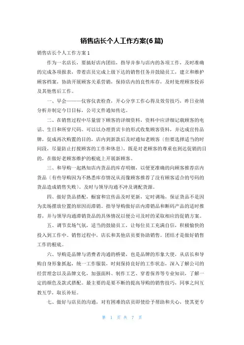 销售店长个人工作计划(6篇)