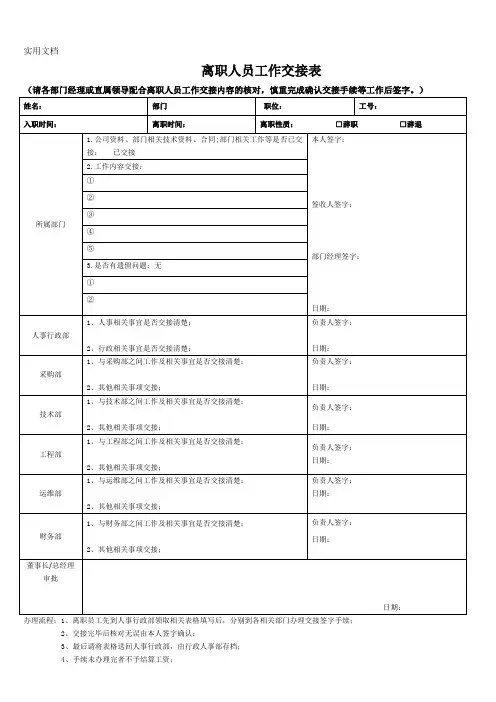 离职人员工作交接表