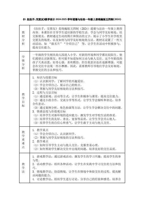 《6 拉拉手,交朋友》教学设计2024-2025学年道德与法治一年级上册统编版五四制(2024)
